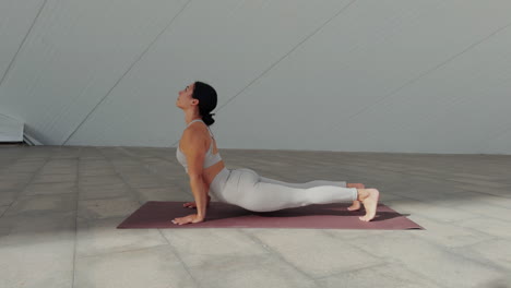 Mujer-Realizando-Una-Secuencia-De-Yoga-Al-Aire-Libre:-Adho-Mukha-Svanasana,-Chaturanga,-Urdhva-Mukha-Svanasana