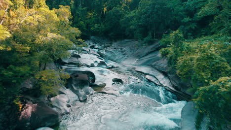 Cinematic-drone-view-of-the-Babinda-boulders,-Waterfall,-Remote-Location,-Cairns,-Hidden-gems