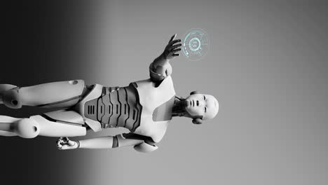 Vertikaler-Futuristischer-Humanoider-Roboter-Prototyp-Cyborg-Mit-Holografischer-Hologramm-Infografik-In-3D-Rendering-Animation,-Künstliche-Intelligenz-übernimmt-Konzept
