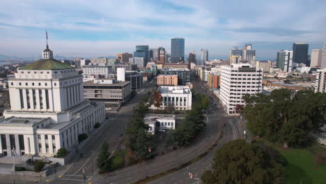 Oakland-CA-USA,-Drone-Shot-of-Alameda-County-Superior-Courthouse-and-Downtown-Buildings