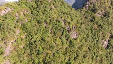 Drohnen-Luftaufnahme-In-Vietnam,-Die-An-Einem-Sonnigen-Tag-In-Richtung-Eines-Mit-Grünen-Bäumen-Bedeckten-Felsigen-Gebirges-In-Ninh-Binh-Fliegt