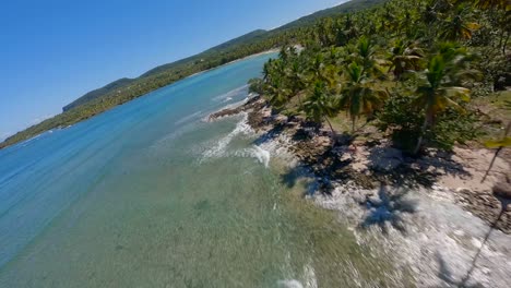 Aerial-FPV-drone-turns-flying-along-coastline-as-tropical-ocean-waves-crash-and-sunlight-glistens-on-green-water,-Asserradero-Samana-Dominican-Republic