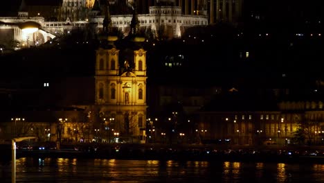 Budapest-city-center-view-and-Danube-river-at-night,-gothic-architecture,-light-reflections,-wide-panoramic-shot