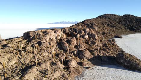 Experience-the-allure-of-Incahuasi-as-the-drone-gracefully-moves-away,-showcasing-its-unique-blend-of-tranquil-island-and-majestic-views-of-the-salt-desert-in-Uyuni