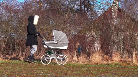 Static-shot-of-woman-walk-with-baby-carriage-near-countryside-cottage