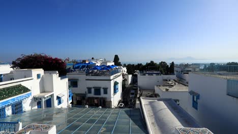 Whitewashed-buildings-of-Sidi-Bou-Said,-Tunisia,-under-clear-blue-sky