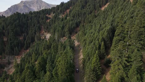 Los-Buscadores-De-Aventuras-Al-Aire-Libre-Conducen-Un-Todoterreno-Por-Un-Camino-De-Tierra-Entre-Un-Denso-Bosque-De-Agrafa,-Grecia