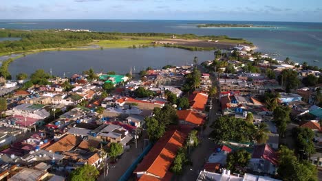 Drone-shot-sunset-Peaceful-fishing-village-colorful-houses