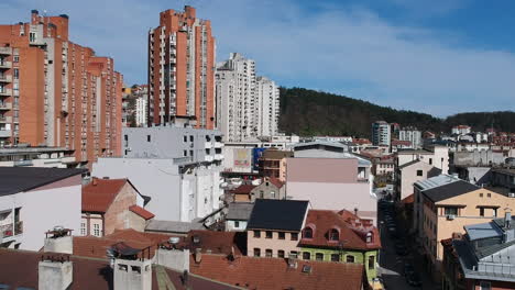 Uzice,-Serbia,-Drone-Shot-of-Downtown-Residential-Buildings-and-Cityscape