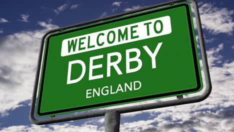 Bienvenido-A-Derby,-Inglaterra,-Señal-De-Tráfico-De-La-Ciudad-Del-Reino-Unido,-Animación-Realista-En-3D