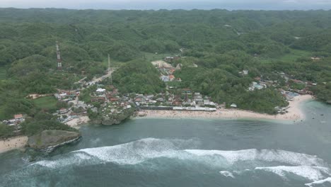 Aerial-view-of-tropical-beach-with-dense-green-trees-of-forest