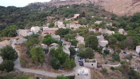 Revealing-Aerial-of-Perithia-Oldest-Village-of-Corfu,-Greece