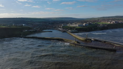 Wide-Angle-Drone-Shot-of-Whitby-Town-at-High-Tide-North-Yorkshire-UK