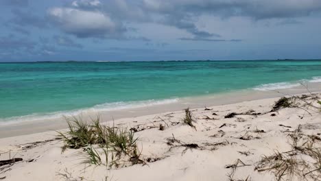 Escena-De-Playa-Solitario-Paraíso-Caribeño,-El-Viento-Sopla-Y-Mueve-La-Hierba-Y-Las-Olas,-Panorámica-Hacia-La-Derecha