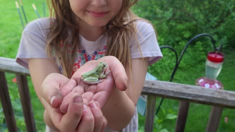 Little-girl-holds-Cope's-Gray-Treefrog-in-her-hand-and-shows-to-camera,-Michigan,-USA