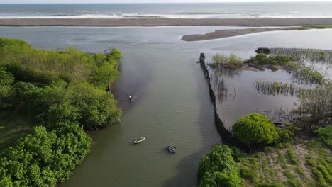 aerial-view,-you-can-see-a-person-rowing-in-a-canoe-at-the-mouth-of-the-river