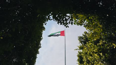 The-UAE-flag-waves-among-greenery-at-Abu-Dhabi-Corniche,-symbolizing-a-sustainable-future-in-the-United-Arab-Emirates