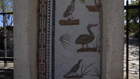 Detailed-mosaic-of-birds-in-Roman-ruins-of-Maktaris-under-sunlight