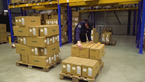 Male-warehouse-employee-moving-cardboard-boxes-from-one-pallet-to-the-other