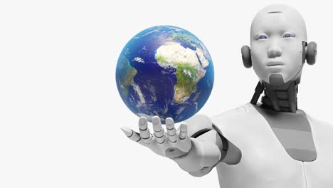 Artificial-intelligence-taking-over-concept,-a-humanoid-prototype-cyborg-robot-holding-plant-earth-globe-while-rotating-on-his-palm-hand-3d-rendering-animation
