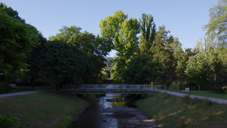 Eine-Kleine-Fußgängerbrücke-über-Einen-Kanal-In-Einem-Park-In-Baden-Baden,-Deutschland