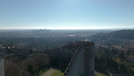 Fort-Saint-André-Overlooking-Sunny-Avignon---aerial-fly-over