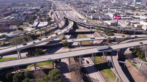 Houston,-Texas-USA,-Aerial-View-of-US-69-and-US-45-Highway-Interchange,-Eastex-and-Gulf-Freeway-Traffic,-Drone-Shot