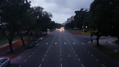 Twilight-Traffic-On-Figueroa-Alcorta-Avenue,-Buenos-Aires,-Argentina,-Overpass-View