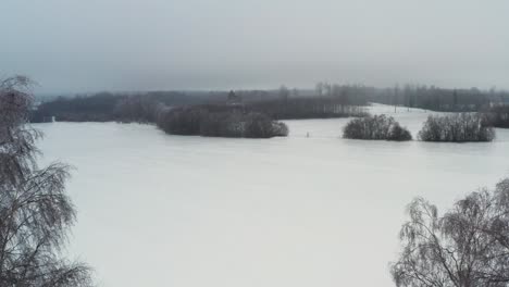 Luftaufnahme-Eines-Gefrorenen-Landwirtschaftlichen-Feldes-Mit-Kahlem-Wald-Im-Hintergrund