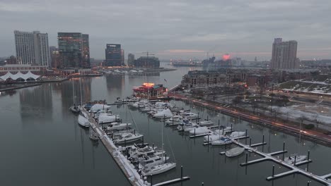 The-Aerial-View-Along-Patapsco-River-And-Inner-Harbor,-Residential-Districts-And-Marina-In-The-Backdrop,-In-Baltimore,-Maryland,-USA