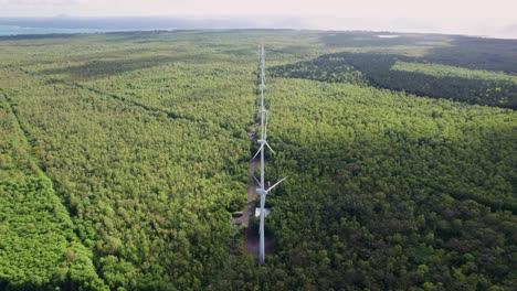 Wind-turbines-towering-above-the-forest,-showcasing-sustainable-energy,-aerial-view-at-dusk