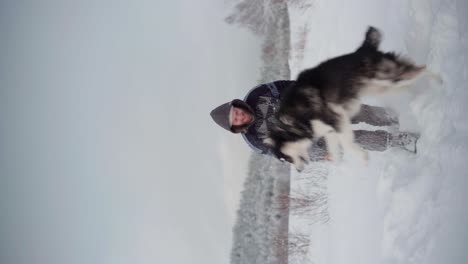A-Man-is-Engaging-in-a-Snowball-Game-with-His-Alaskan-Malamute---Vertical-Shot