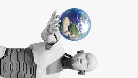 Vertikaler-Humanoider-Roboter-Prototyp-Cyborg,-Der-über-Der-Handfläche-Den-Globus-Planet-Erde-Hält,-Künstliche-Intelligenz-übernimmt-Das-Konzept-In-3D-Rendering-Animation