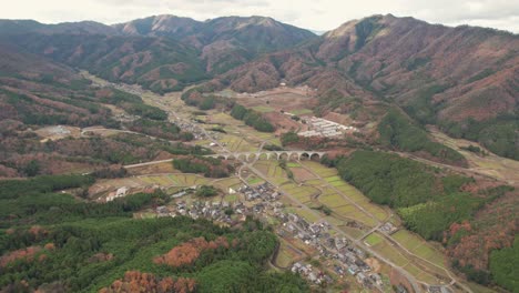 Japanese-Countryside-Panoramic-City-Drone-View-Asago-Hyogo,-Takeda-Castle-Ruins