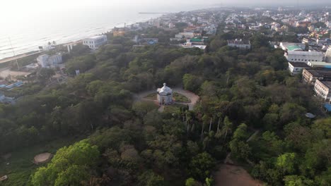 Aerial-video-of-Bharathi-Park-Puducherry,-also-known-as-Pondycherry,-one-of-the-oldest-French-colonies-has-historic-structures