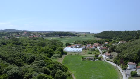 Drone-flyover-a-rural-area,-small-community-houses-surrounded-by-lush-meadows