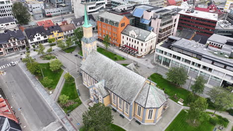 Drone-Shot-of-Tromso-Cathedral,-Norway