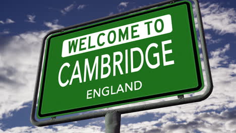 Bienvenido-A-Cambridge,-Inglaterra,-Señal-De-Tráfico-De-La-Ciudad-Del-Reino-Unido,-Animación-Realista-En-3D