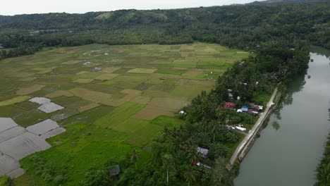 Landwirtschaftliche-Drohne-Aus-Der-Luft,-Feuchte-Landschaft-Mit-Landwirtschaftlichen-Feldern-Und-üppigen-Grünen-Tropischen-Hügeln-In-Südostasien,-Philippinen,-Panoramaaufnahme