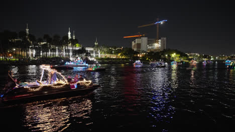 Holiday-Lighted-Boat-Parade-In-Tampa-Bay,-Hillsborough-River,-Florida,-United-States
