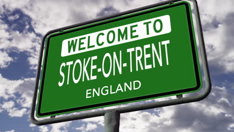 Welcome-to-Stoke-on-trent,-England,-UK-City-Road-Sign,-Realistic-3D-Animation