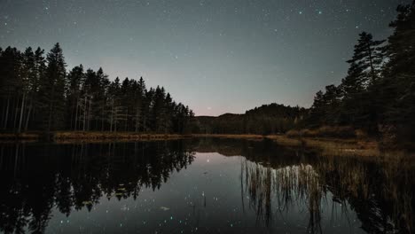 A-light-fast-moving-clouds-on-the-night-starry-sky-reflected-in-the-still-surface-of-the-dark-lake-in-a-timelapse-video
