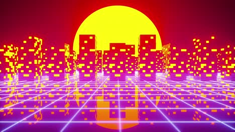 Paisaje-Urbano-Iluminado-Con-Neón-De-Ondas-Sintéticas-Retro-Con-La-Puesta-De-Sol-O-El-Ascenso-En-El-Fondo-Animación-4k