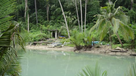 Tranquil-fishing-village-hut-and-boats-pulled-up-on-muddy-shore-of-wide-river-estuary-in-tropical-forest
