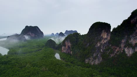 Mangroves-and-Limestone-Cliffs-at-Phang-Nga-Bay-with-an-Aerial-Drone,-Thailand