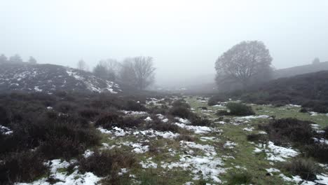 Backwards-low-flying-aerial-showing-moorland-with-snow-and-dense-mist-winter-scene-in-Dutch-hill-landscape-along-cattle-nomad-path