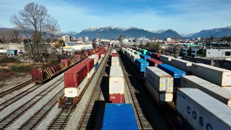 Freight-Trains-On-Rail-Yard-In-East-Vancouver,-BC,-Canada