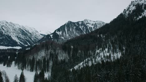 Snow-covered-mountains-with-dense-forests-in-a-cloudy-winter,-aerial-view