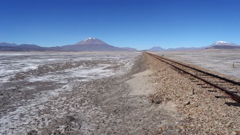 Schwenk-über-Hochplateau-Zu-Eisenbahnschienen,-Die-Ins-Bolivianische-Altiplano-Führen