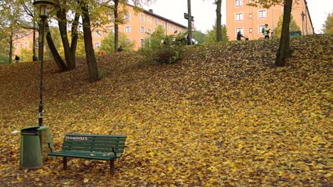 Statische-Aufnahme-Einer-Parkbank,-Eines-Hügels-Mit-Herbstblättern-Und-Vorbeigehenden-Menschen